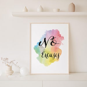 Workoutmotivatie, kantoormotivatie, geen excuses, workoutposter, aquarelafdruk, werkdecor, regenboogafdruk, blijf doorgaan afbeelding 6