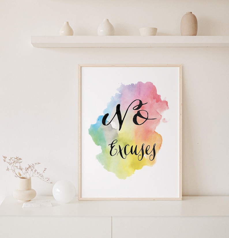 Workoutmotivatie, kantoormotivatie, geen excuses, workoutposter, aquarelafdruk, werkdecor, regenboogafdruk, blijf doorgaan afbeelding 6