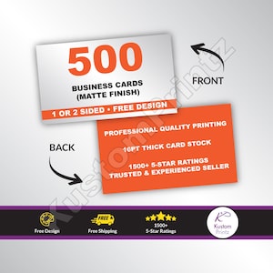 Könnte beinhalten: Eine rote und weiße Visitenkartendesignvorlage für 500 Visitenkarten in matter Ausführung. Der Text lautet "500 Visitenkarten (Matt Finish) 1 oder 2 seitig - Kostenloses Design" und "Professionelle Druckqualität 16pt Dickes Kartenmaterial 1500+ 5-Sterne-Bewertungen Vertrauenswürdiger und erfahrener Verkäufer".