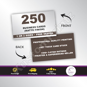 Könnte beinhalten: Eine braune und weiße Visitenkartendesignvorlage mit dem Text "250 Visitenkarten (Matt Finish)" und "1 oder 2 Seiten - Kostenloses Design". Die Rückseite der Karte trägt den Text "Professionelle Druckqualität 16pt Dickes Kartenmaterial 1500+ 5-Sterne-Bewertungen Vertrauenswürdiger und erfahrener Verkäufer".