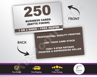 250 Custom Full Color Business Cards, 16PT Thick, Matte Finish, Free Design, Professional Printed Business Cards, 1 or 2 Sided, Horizontal