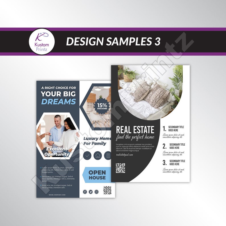 May include: A black and white flyer with a photo of a bedroom with a bed and pillows. The flyer advertises real estate services with the text "Real Estate find the perfect home". The flyer also includes a photo of a kitchen with the text "Luxury Home For Family".