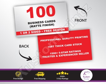 100 Custom Full Color Business Cards, 16PT Thick, Matte Finish, Free Design, Professional Printed Business Cards, 1 or 2 Sided, Horizontal