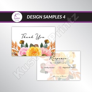 May include: A thank you card featuring a watercolour floral design in shades of pink, yellow, and orange. The card has the text "Thank You" printed on it. A separate response card with a floral design and the text "Response by 1st February" is also included. The response card has two options for guests to choose from: "Kindly Accept" and "Regretfully Reject".