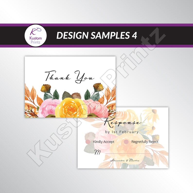 May include: A thank you card featuring a watercolour floral design in shades of pink, yellow, and orange. The card has the text "Thank You" printed on it. A separate response card with a floral design and the text "Response by 1st February" is also included. The response card has two options for guests to choose from: "Kindly Accept" and "Regretfully Reject".