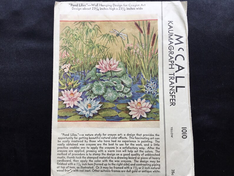 flowers. Vintage uncut \u201cPond Lilies\u201d wall hanging design for crayon art McCall\u2019s kaumagraph transfer pattern 1010 Dragonfly