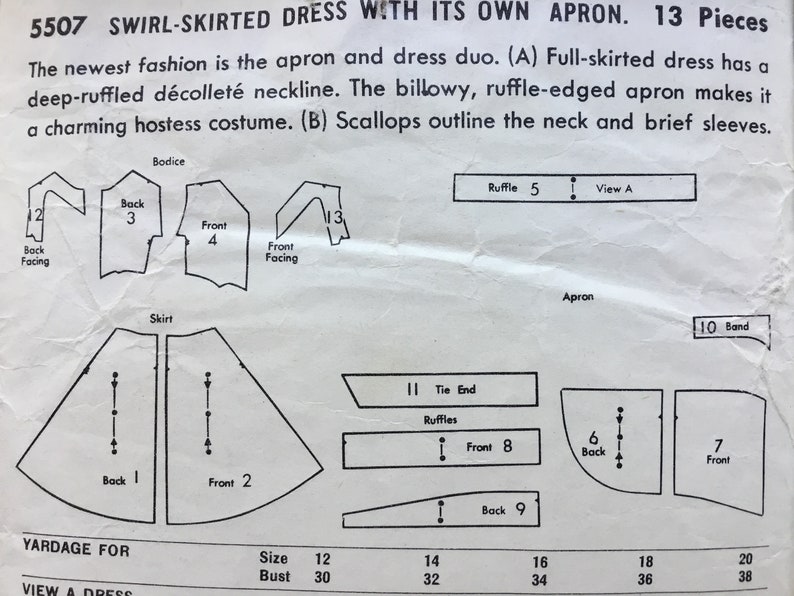 deep ruffled d\u00e9collet\u00e9 neckline ruffled apron. Full skirt Vintage 1950 misses\u2019 swirl skirted dress with apron Butterick pattern 5507