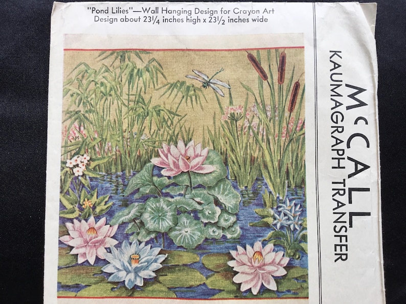 flowers. Vintage uncut \u201cPond Lilies\u201d wall hanging design for crayon art McCall\u2019s kaumagraph transfer pattern 1010 Dragonfly