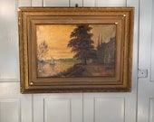 Antique river landscape oil painting of Chiswick Old Mall on the Thames, London signed C Jessett 1896