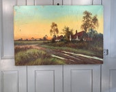 Antique large landscape oil painting Sunset after Rain Surrey signed H Spalding