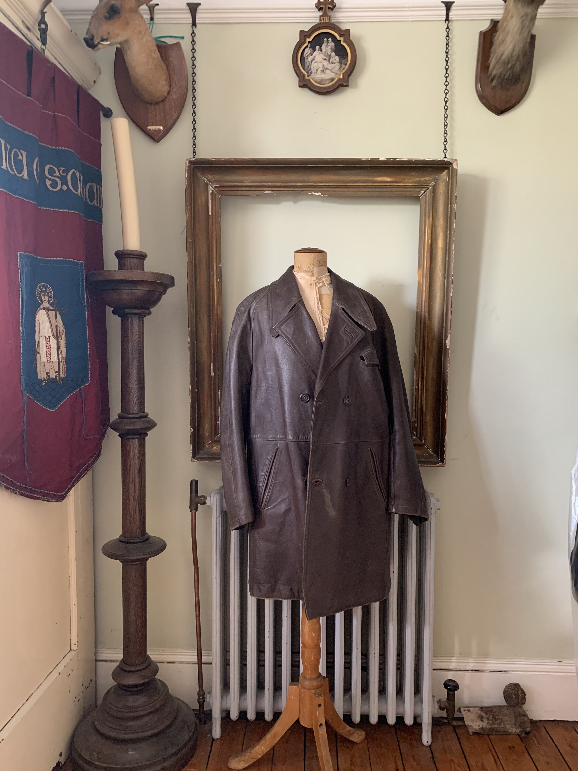 Image of Vintage French Mens Brown Leather Jacket Coat Size M By Gvf