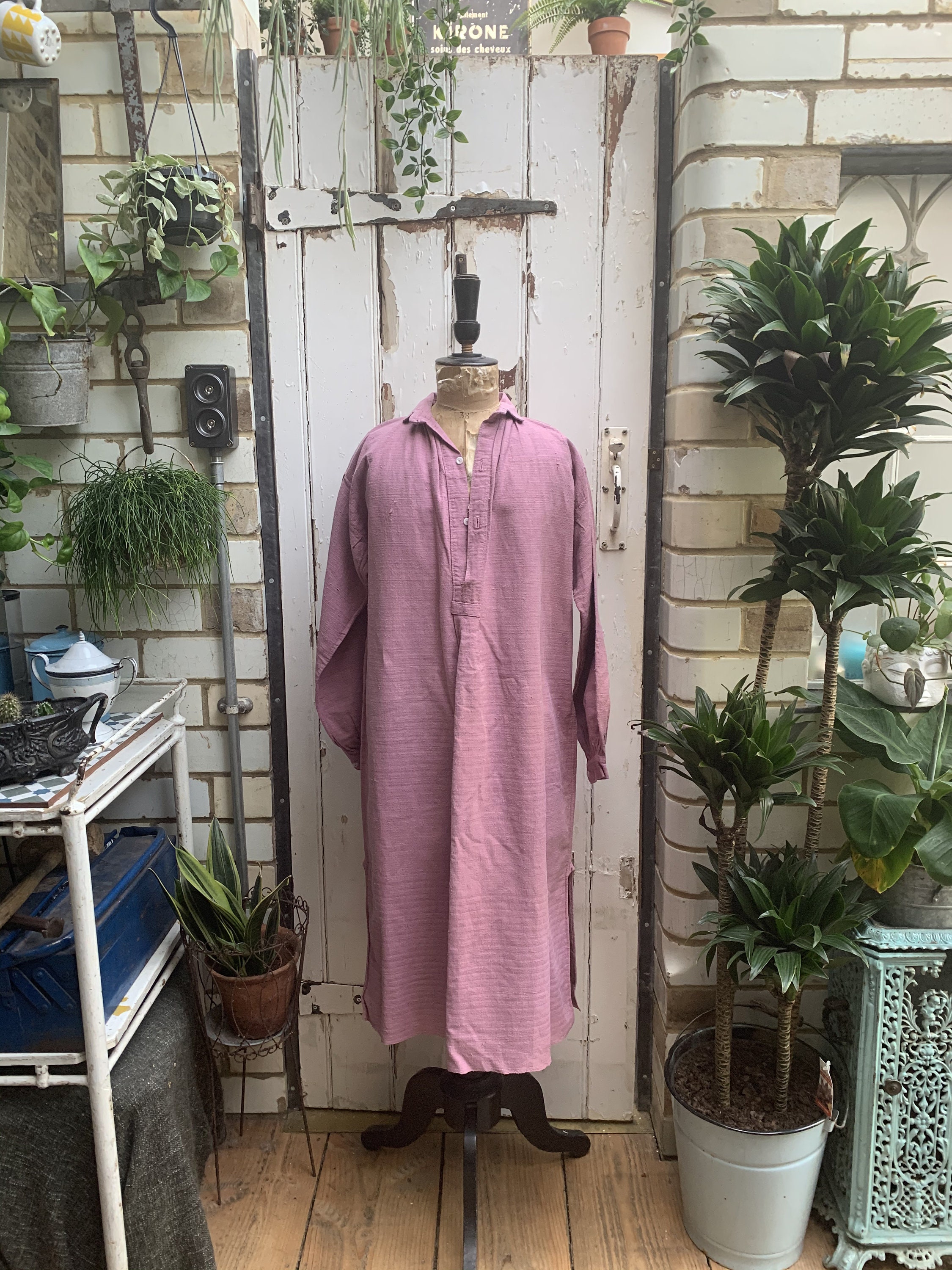 Image of Antique French Bordeaux Rose Pink Linen Cotton Metis Shirt Dress Chemise Smock Size M Uk /