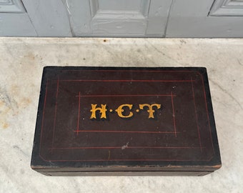 Antique Georgian early Victorian hand painted writing box with initials HCT