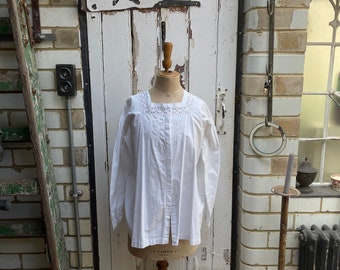 Antique French handmade white cotton blouse chemise shirt size L