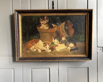 Vintage French oil painting study of kittens playing with a snail