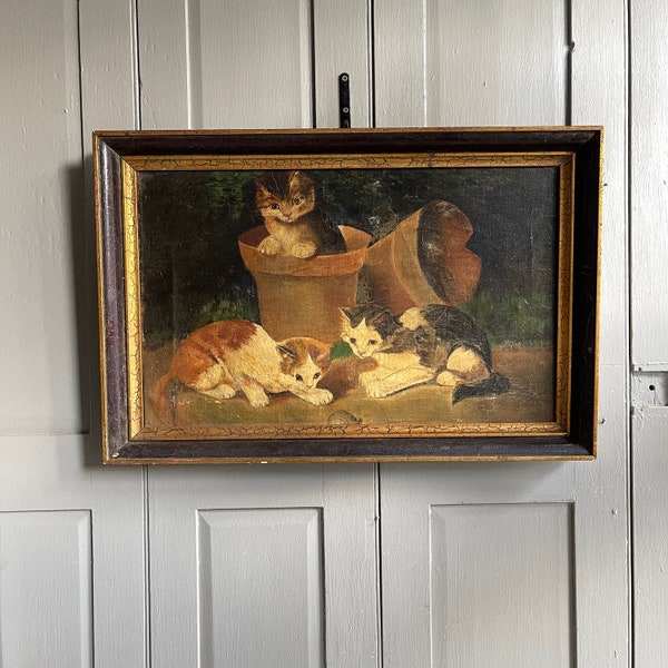 Vintage French oil painting study of kittens playing with a snail