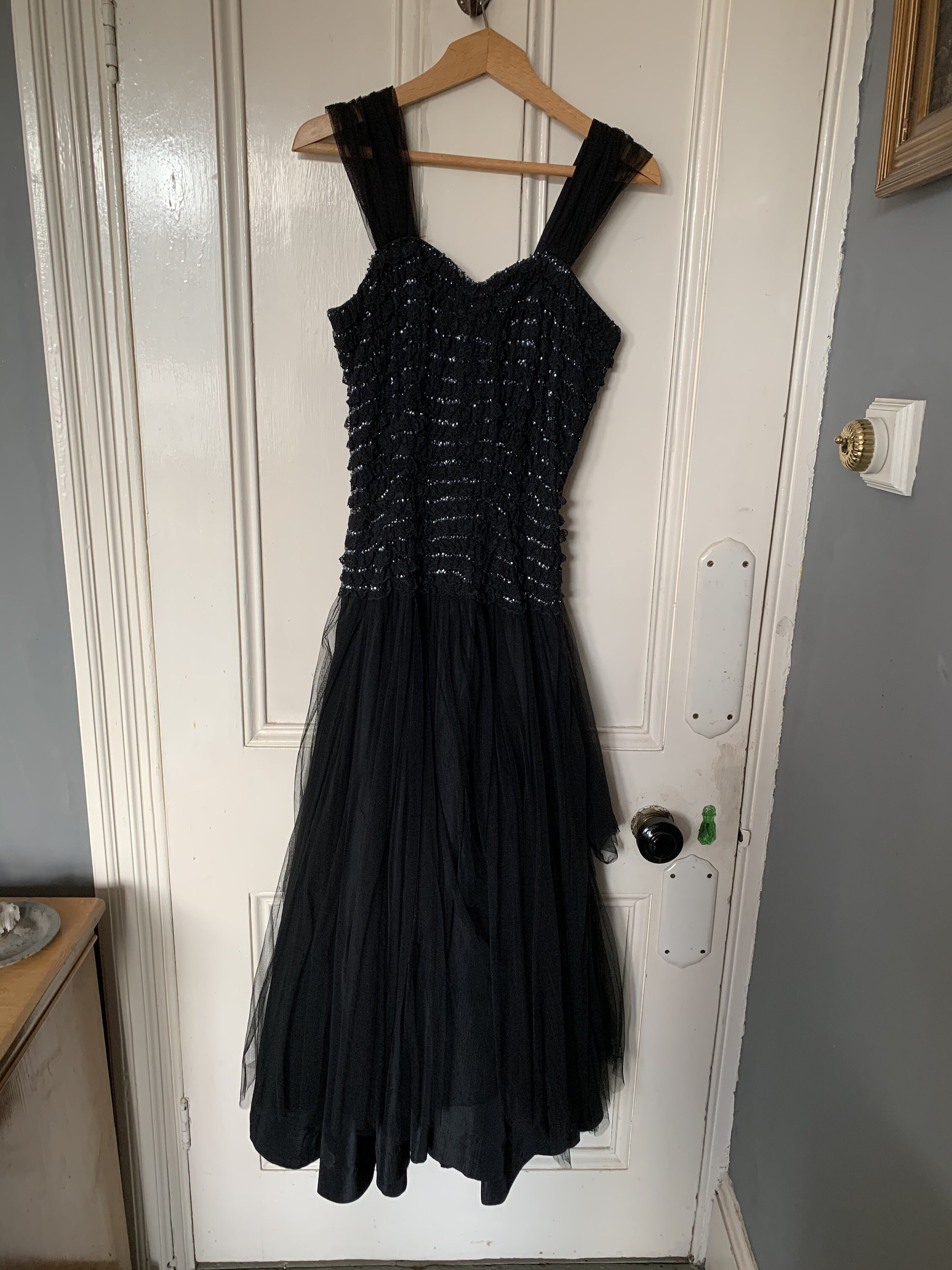 Image of Antique Vintage Long Black Flamenco Style Cocktail Party Dress Size S Uk