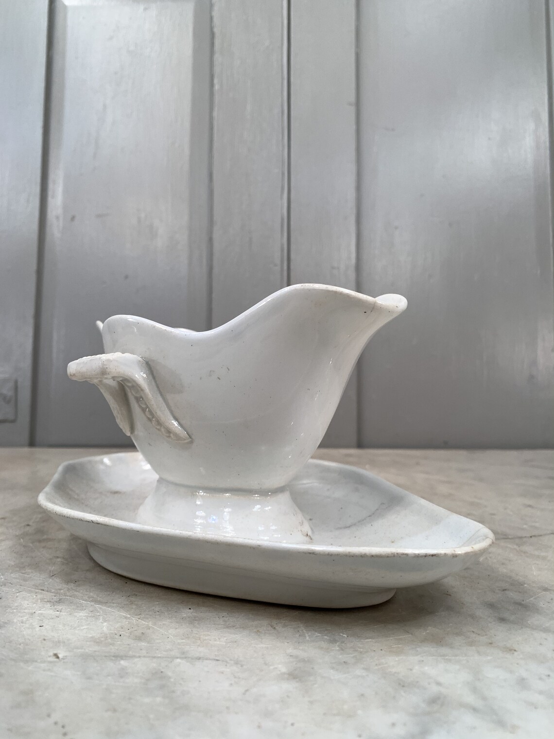 Antique French white ceramic sauce gravy boat with integral Etsy