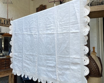 Antique English white linen tablecloth with ladderwork and crochet lace trim