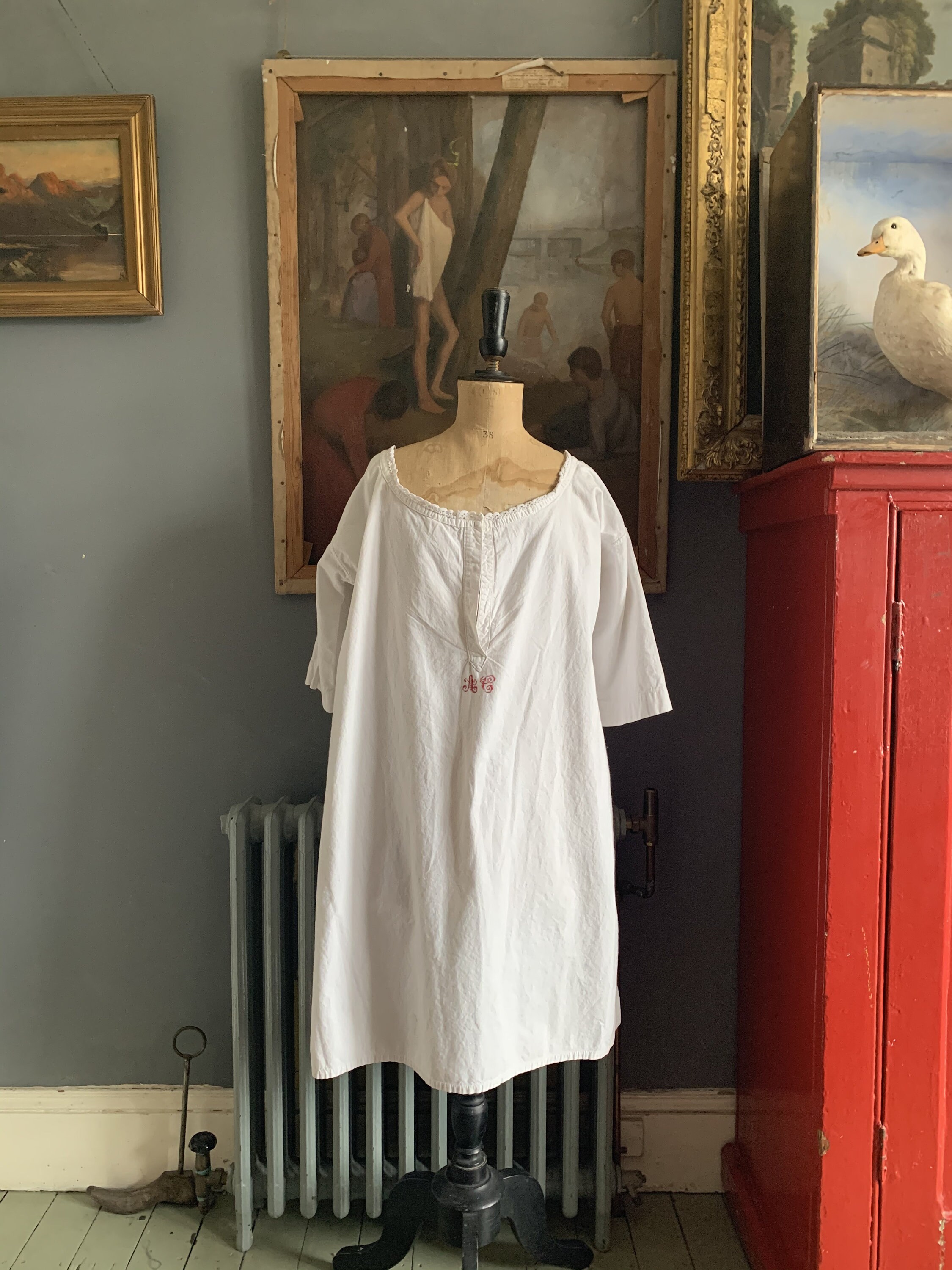 Image of Antique French White Cotton Dress Tunic Top Smock Red Initials Ac Size M Uk