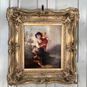 Antique Georgian early Victorian oil painting portrait of children in gesso frame image 2