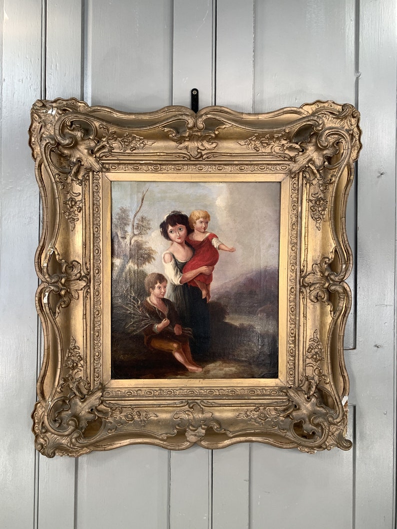 Antique Georgian early Victorian oil painting portrait of children in gesso frame image 2