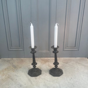 Pair antique Regency style pewter candlesticks