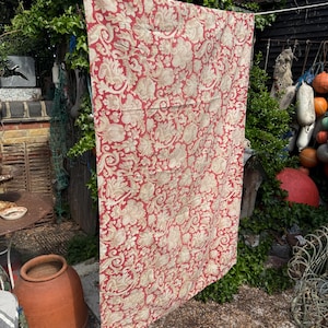 Antique French red beige cotton floral print tablecloth fabric material textile