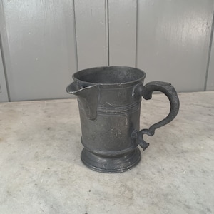 Antique English pewter pint pouring jug tankard with spout engraved initials JW from The Victoria Arms Brentwood Essex