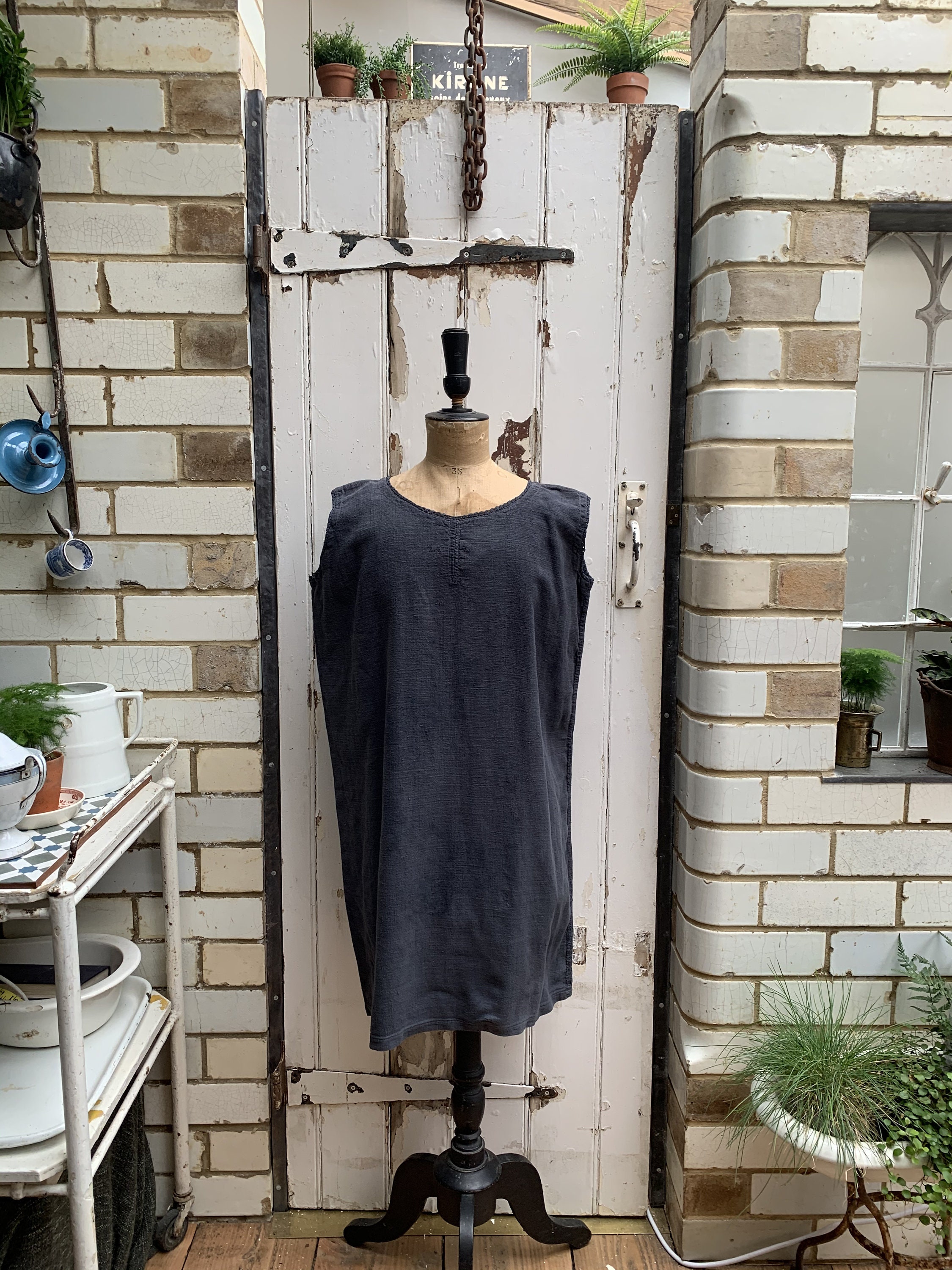 Image of Antique French Dark Grey Linen Shift Dress Nightdress Initials Ml Size M/L