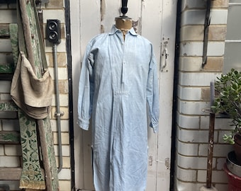 Antique French light blue linen cotton metis shirt dress chemise smock initials SG size S/M