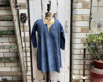 Antique French indigo blue linen hemp tunic dress smock size M UK 12