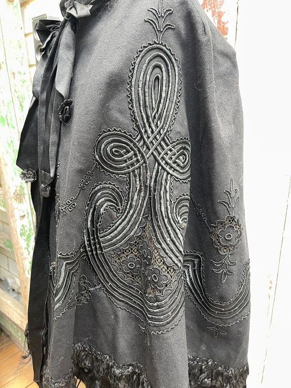 Antique French black wool cape cloak with embroid… - image 4