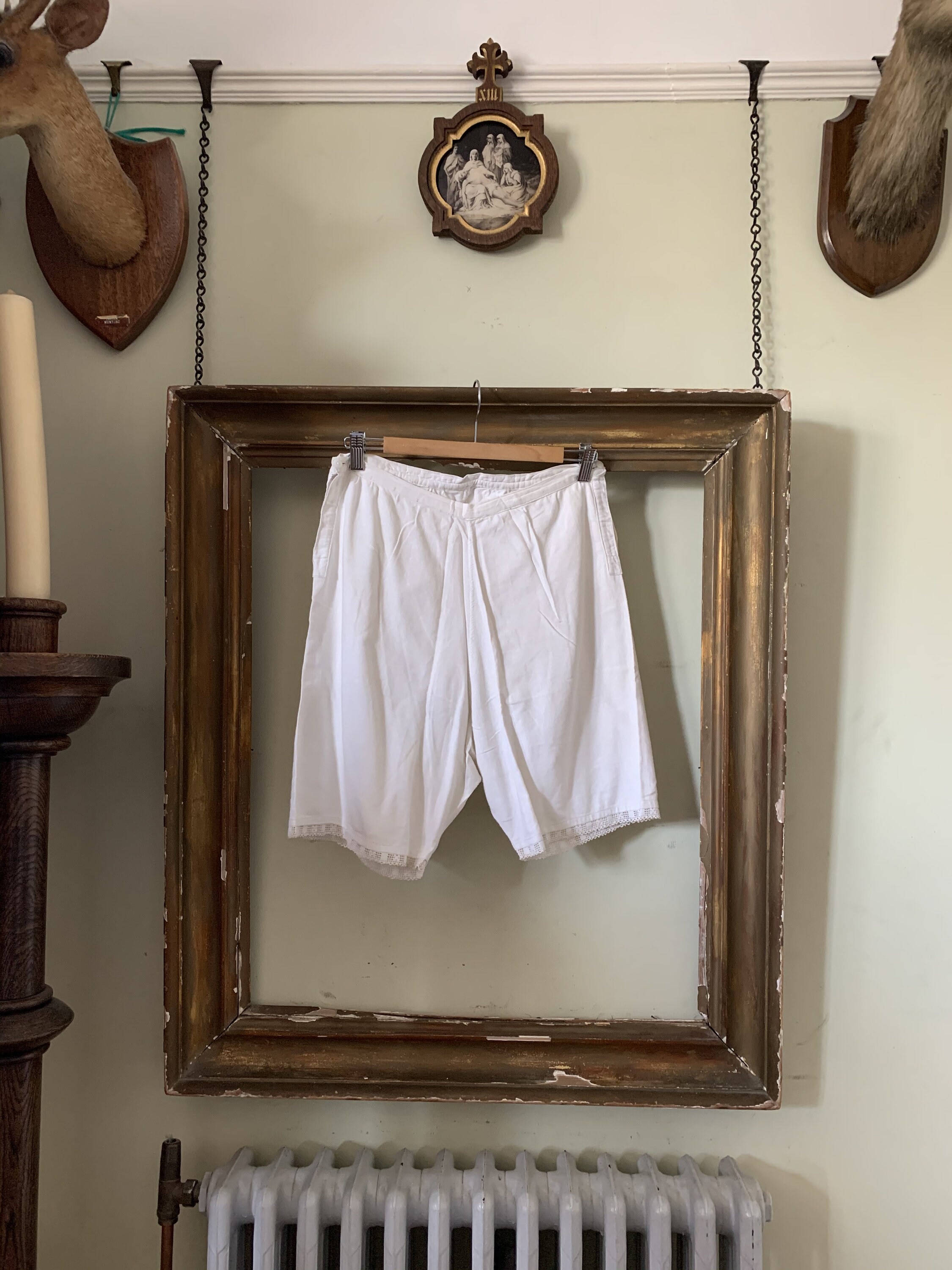 Image of Antique French White Cotton Knickers Shorts Bloomers Lace Trim Size S Uk