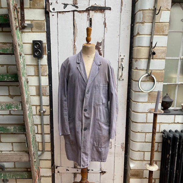 vintage Continental gris coton vêtements de travail longues tâches manteau veste taille 48 M