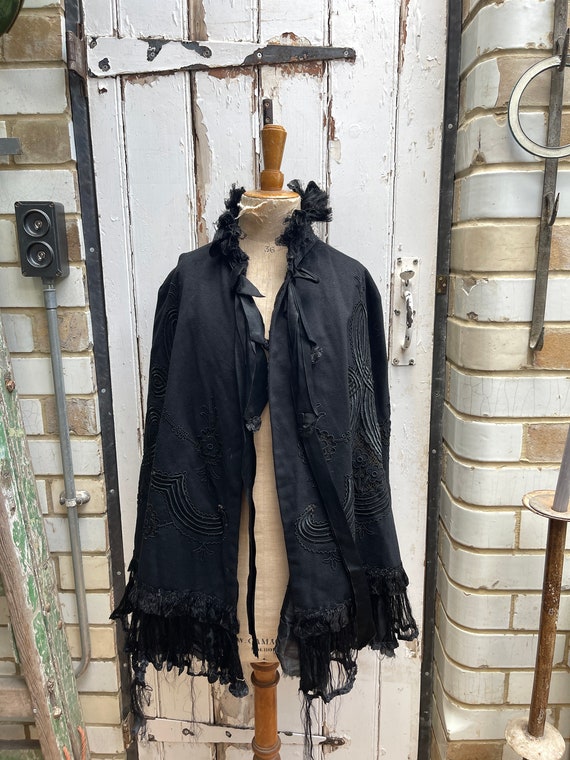 Antique French black wool cape cloak with embroid… - image 2