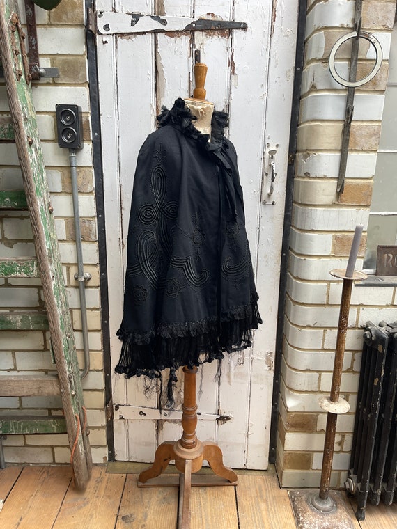 Antique French black wool cape cloak with embroid… - image 10