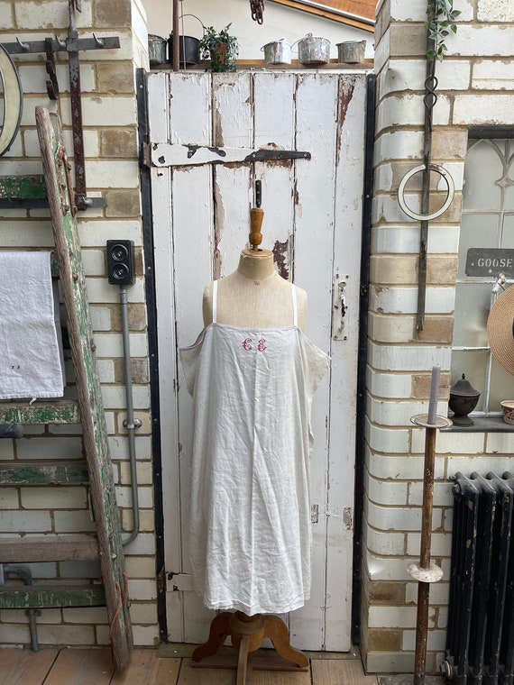 Antique French white linen slip dress initials CE… - image 1