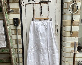 Antique French handmade long white linen skirt underskirt with deep lace hem size M