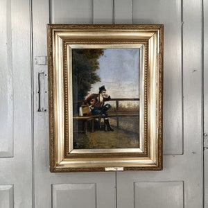 Antikes französisches Ölgemälde Portrait von Gentleman Dandy Salon Gericht Szene signiert Morla (1 von 2)