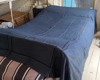 Sábana doble antigua francesa de lino azul índigo con bordes escalonados
