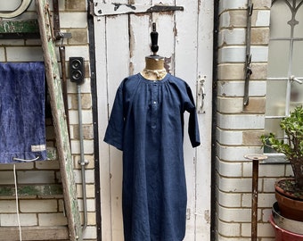 Antique French indigo blue linen dress initials AL size M UK 12