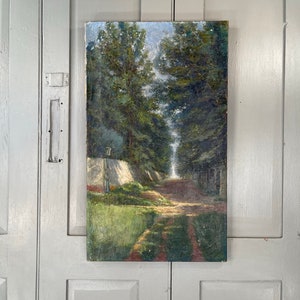 Antique French Impressionist landscape oil painting study of path through woods signed G Bunker