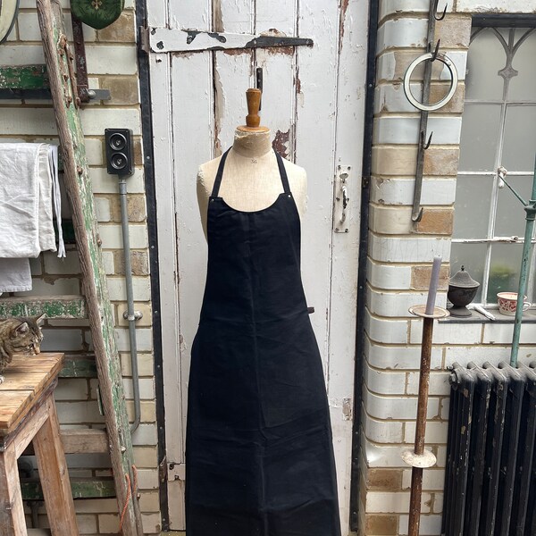 Vintage French black cotton canvas heavy duty work apron with 2 pockets and leather strap