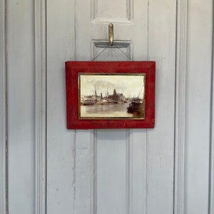 Antique red velvet framed glass plated mounted photograph of Yarmouth Harbour
