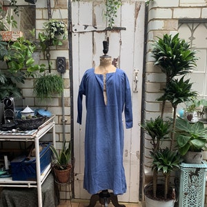 Antique French blue linen dress nightdress smock initials AG size M/L