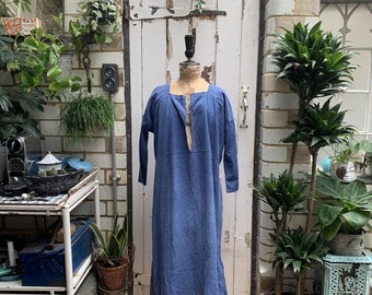 Antique French blue linen dress nightdress smock initials AG size M/L