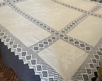 Antique white linen bedspread tablecloth with embroidery and crochet lace trim