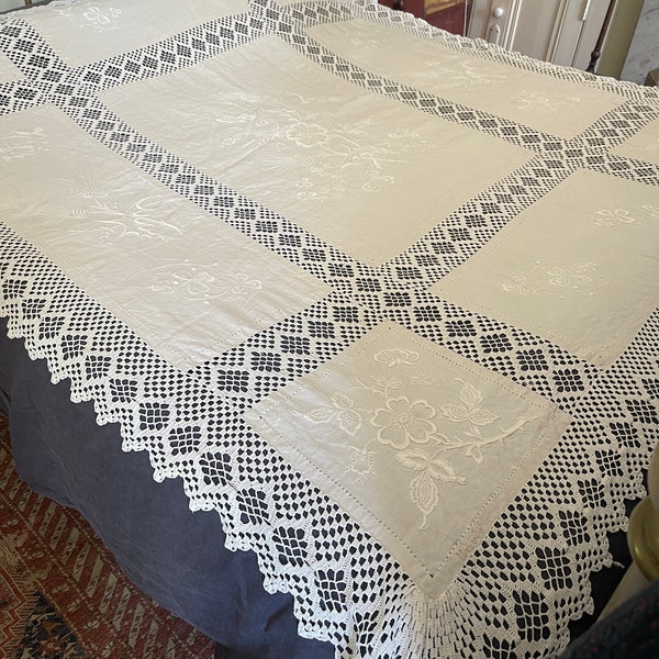 Antique white linen bedspread tablecloth with embroidery and crochet lace trim