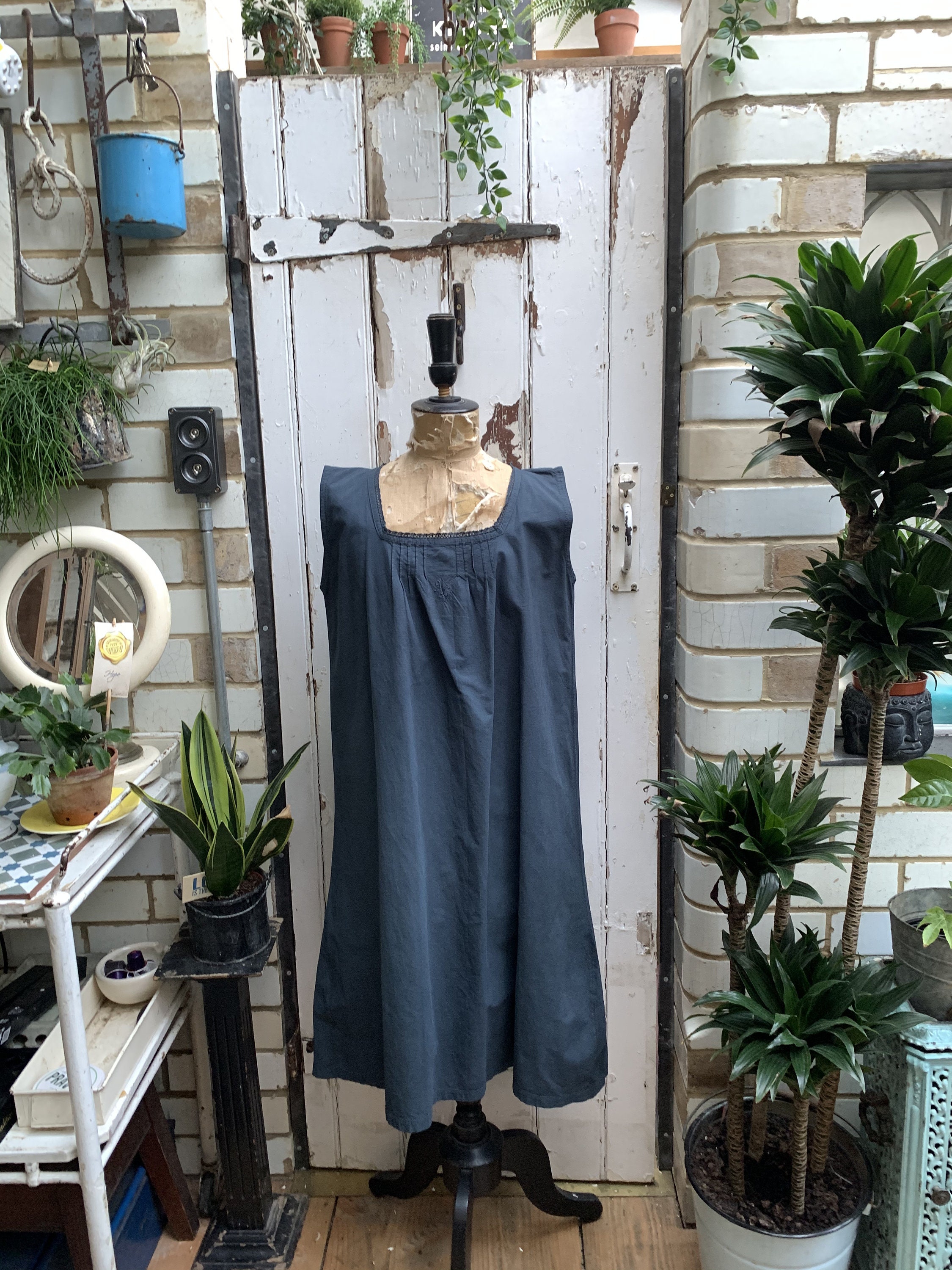 Image of Antique French Dark Grey Cotton Shift Dress Nightdress Size S/M